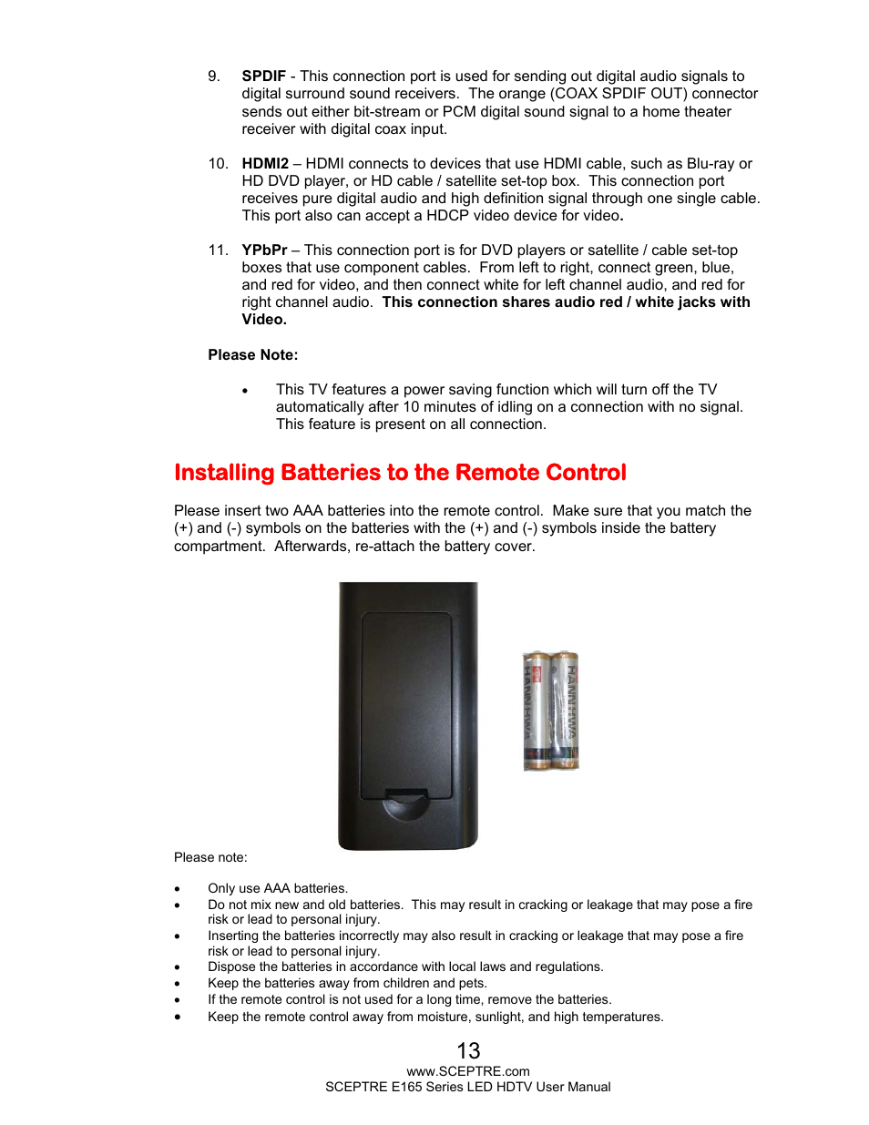 Installing batteries to the remote control | Sceptre E165BV-HD User Manual | Page 13 / 58