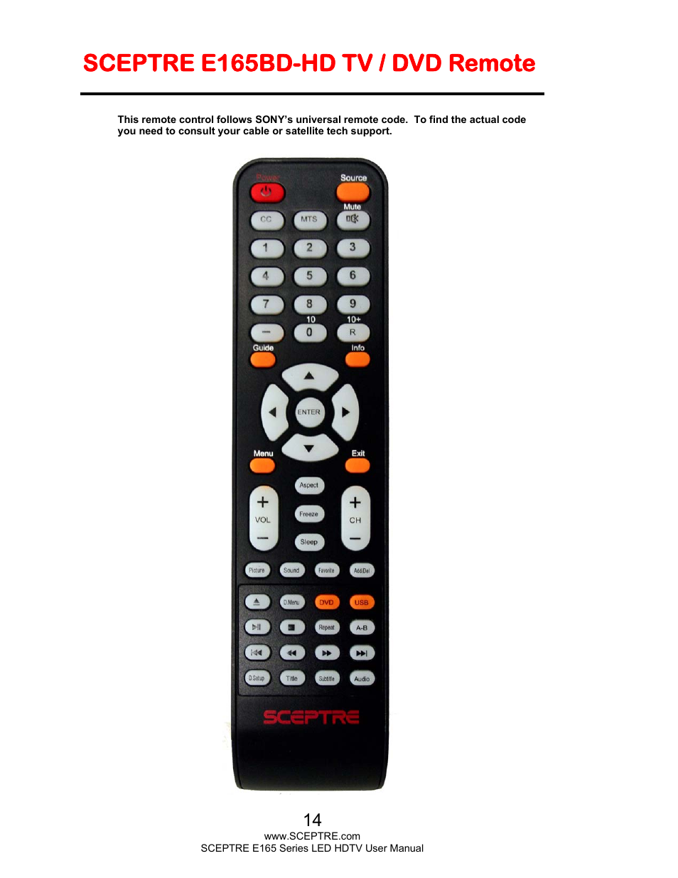 Sceptre e165bd-hd tv / dvd remote | Sceptre E165BV-HD User Manual | Page 14 / 58