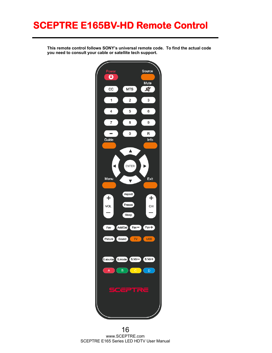 Sceptre e165bv-hd remote control | Sceptre E165BV-HD User Manual | Page 16 / 58