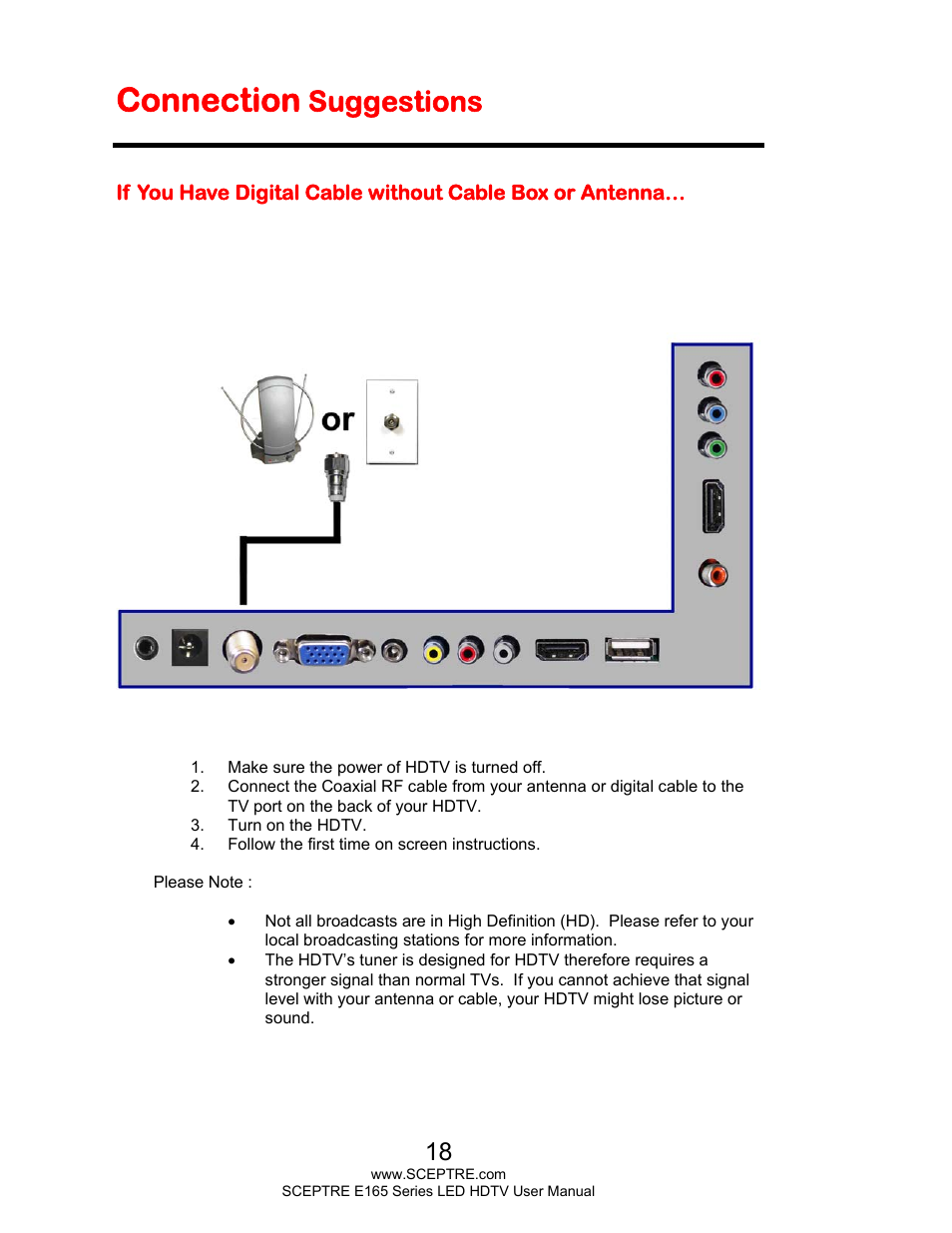 Connection, Suggestions | Sceptre E165BV-HD User Manual | Page 18 / 58