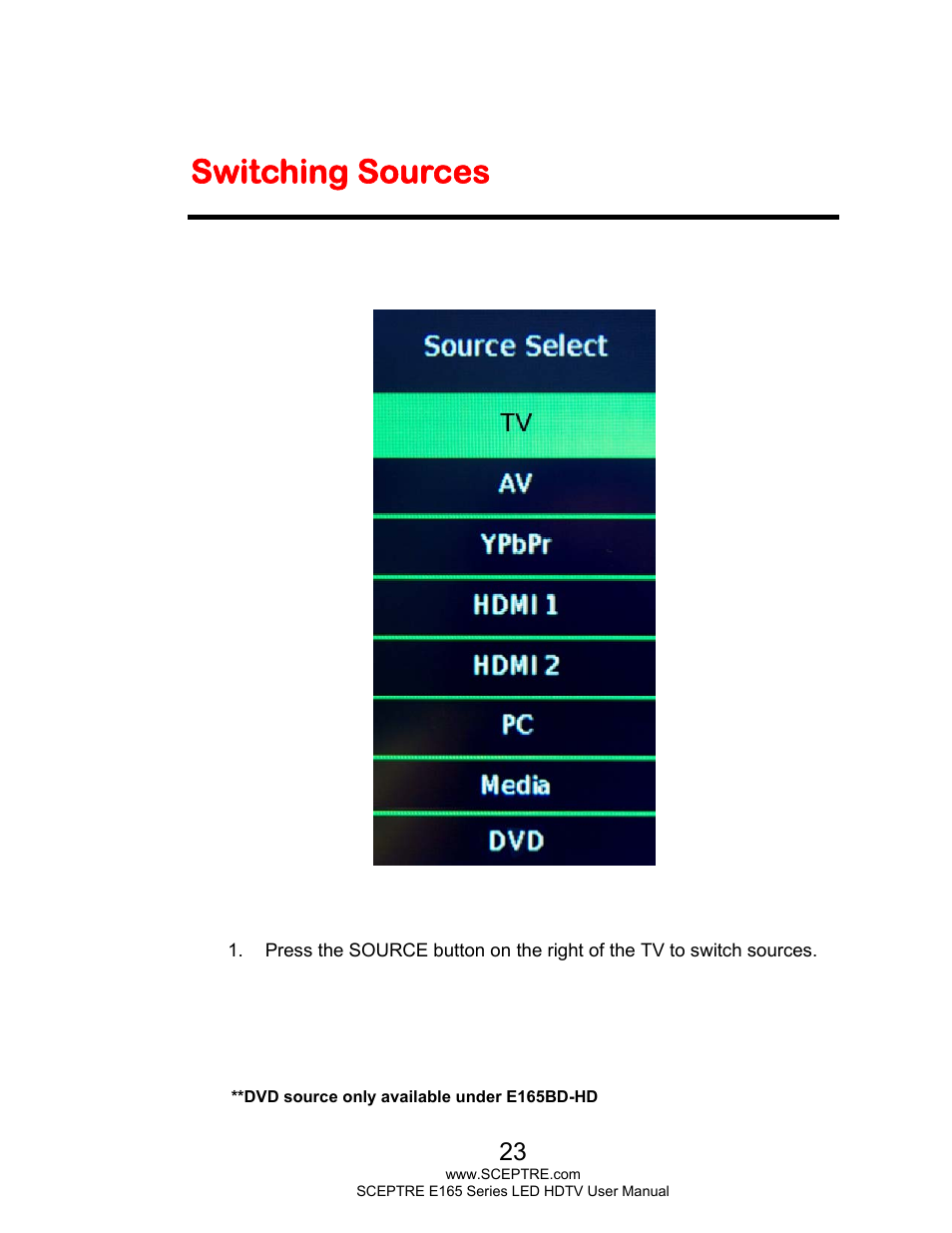 Switching sources | Sceptre E165BV-HD User Manual | Page 23 / 58