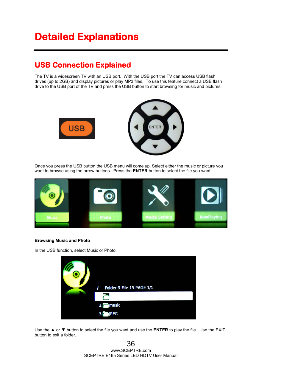 Detailed explanations, Usb connection explained | Sceptre E165BV-HD User Manual | Page 36 / 58