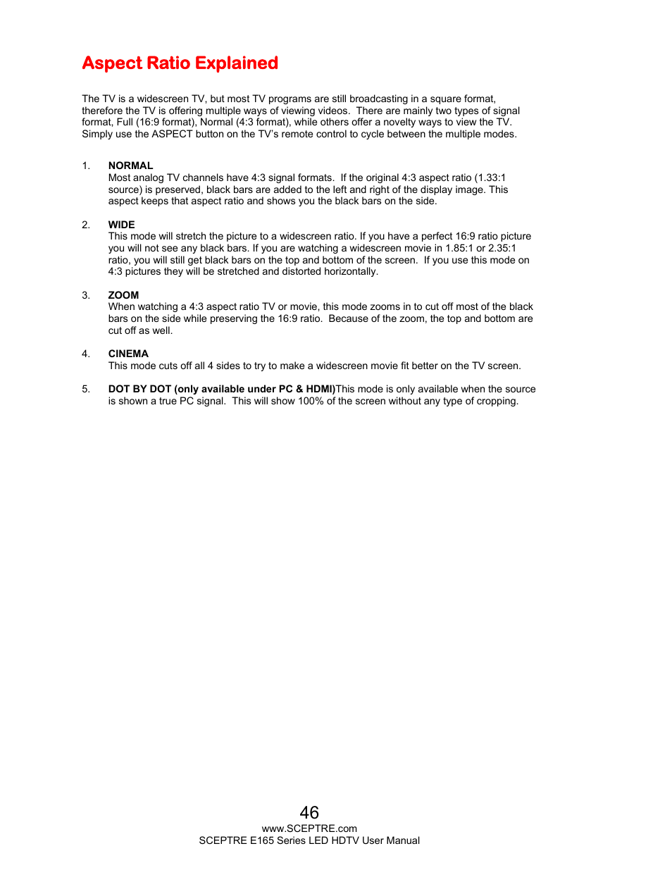 Aspect ratio explained | Sceptre E165BV-HD User Manual | Page 46 / 58
