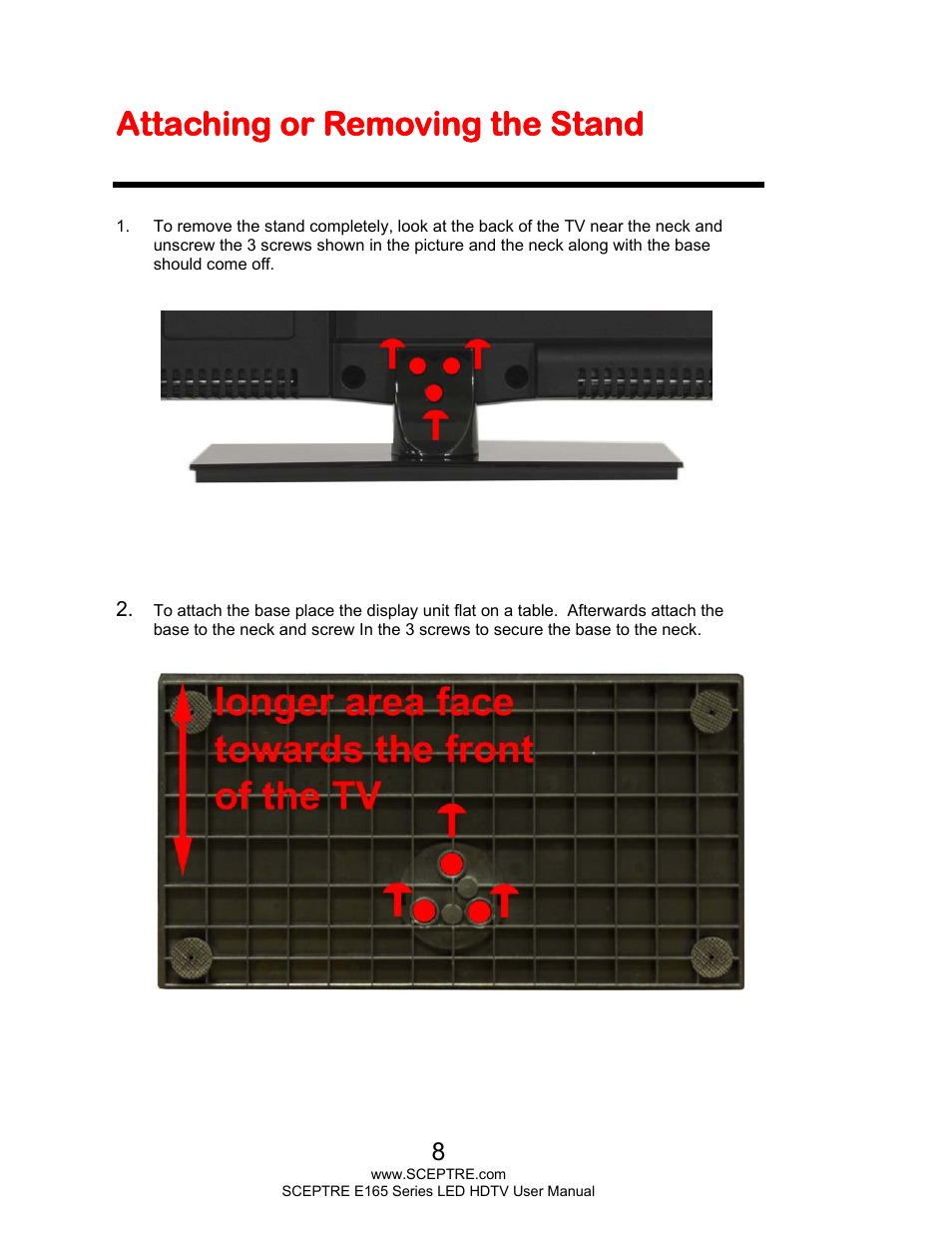 Attaching or removing the stand | Sceptre E165BV-HD User Manual | Page 8 / 58