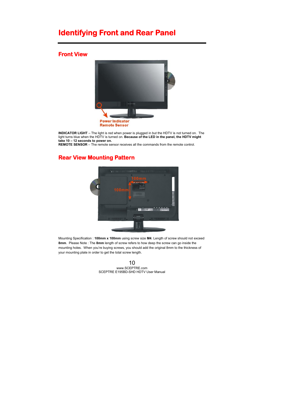 Identifying front and rear panel, Front view, Rear view mounting pattern | Sceptre E195BD-SHD+ User Manual | Page 10 / 58
