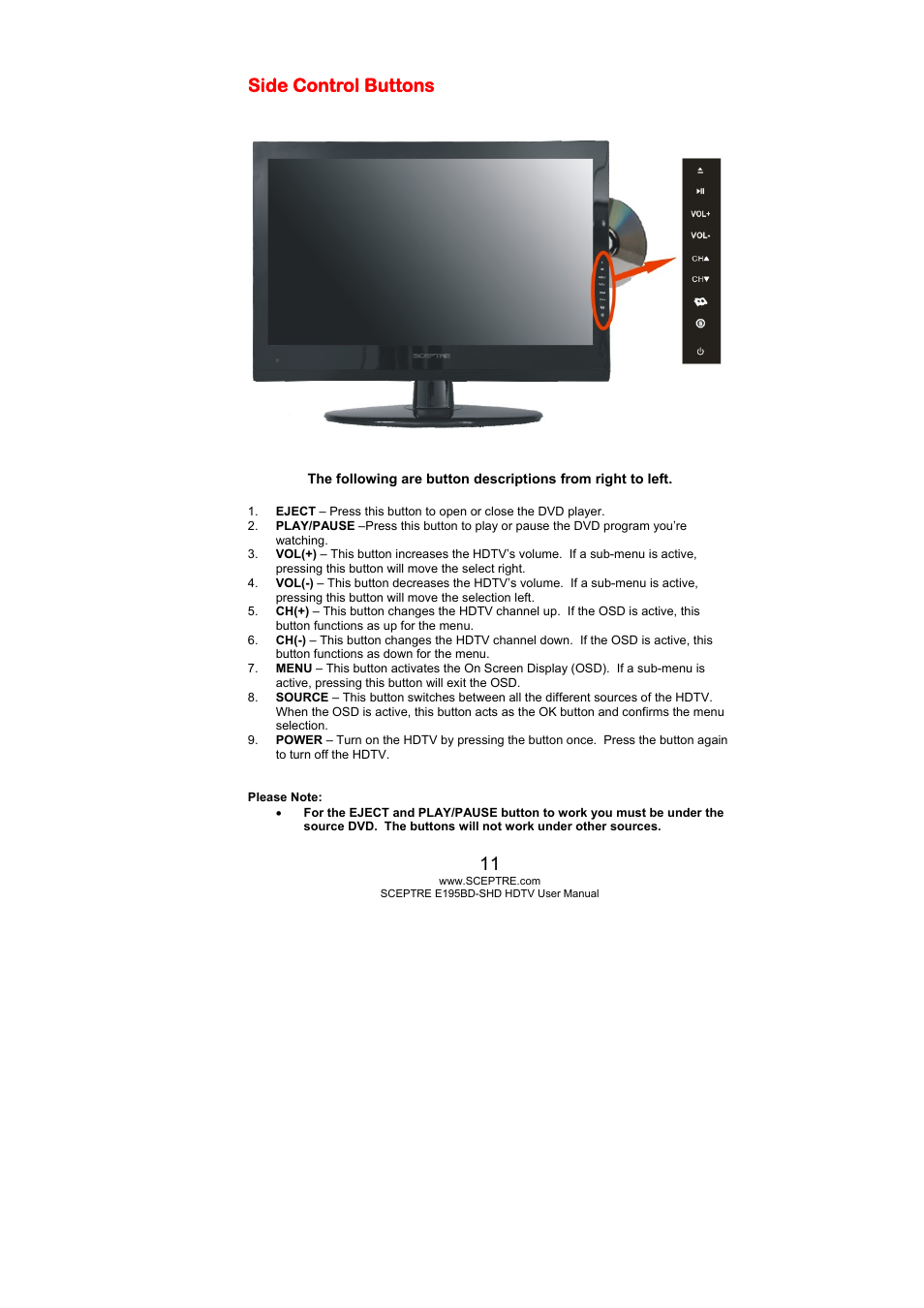 Side control buttons | Sceptre E195BD-SHD+ User Manual | Page 11 / 58