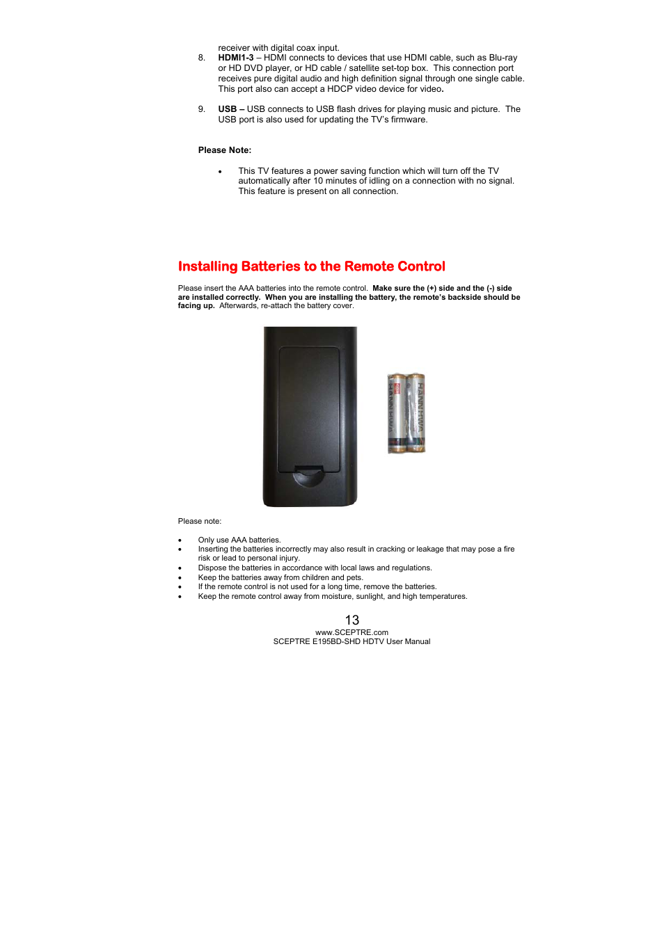 Installing batteries to the remote control | Sceptre E195BD-SHD+ User Manual | Page 13 / 58