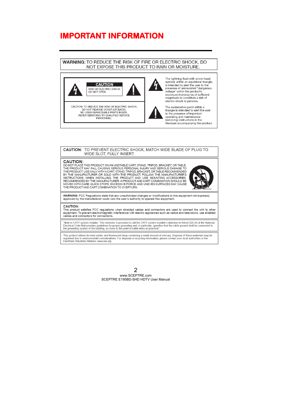 Important information | Sceptre E195BD-SHD+ User Manual | Page 2 / 58