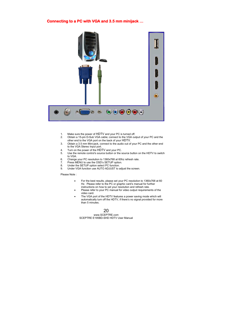Connecting to a pc with vga and 3.5 mm minijack | Sceptre E195BD-SHD+ User Manual | Page 20 / 58