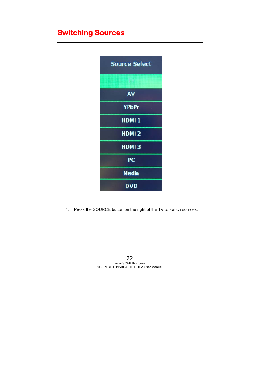 Switching sources | Sceptre E195BD-SHD+ User Manual | Page 22 / 58