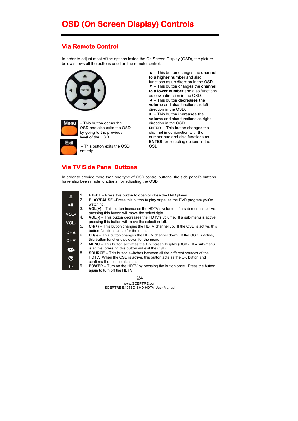 Osd (on screen display) controls, Via remote control, Via tv side panel buttons | Sceptre E195BD-SHD+ User Manual | Page 24 / 58