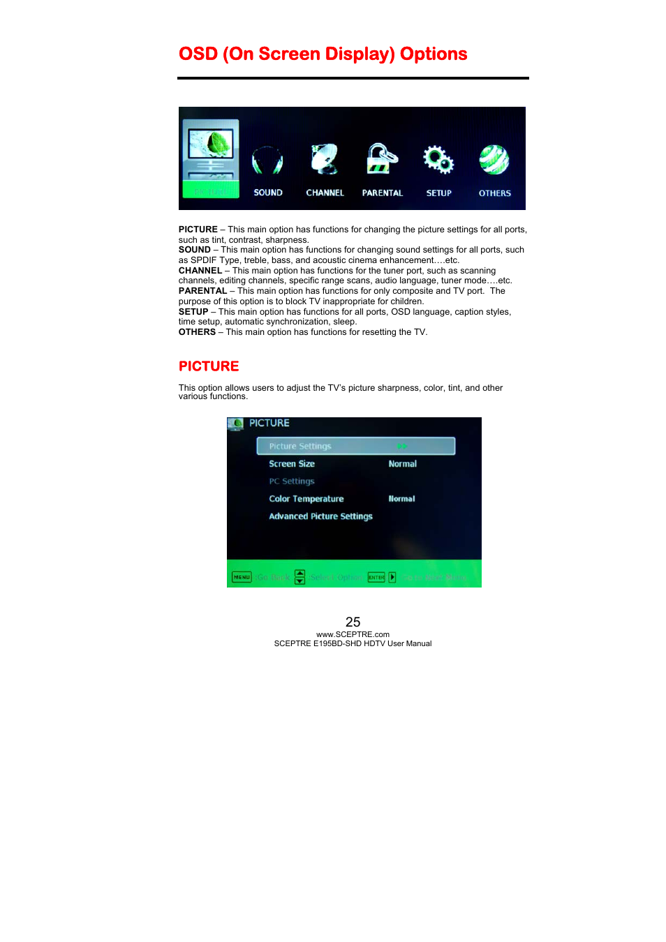 Osd (on screen display) options, Picture | Sceptre E195BD-SHD+ User Manual | Page 25 / 58