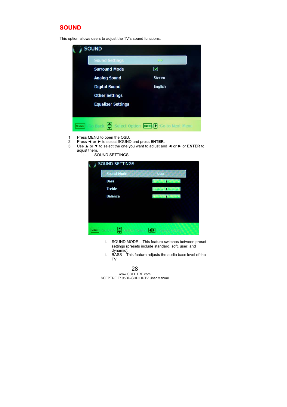 Sound | Sceptre E195BD-SHD+ User Manual | Page 28 / 58
