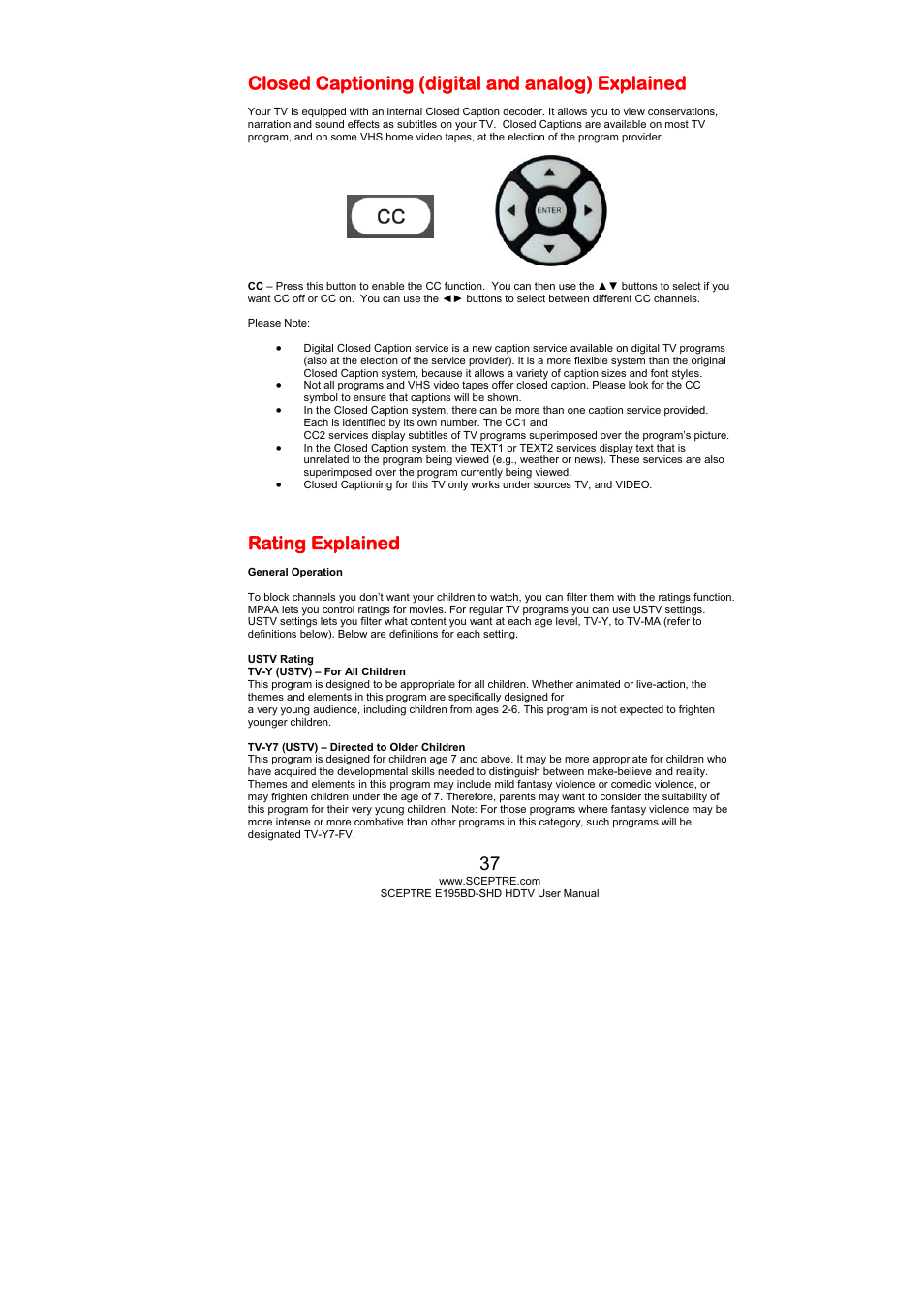 Closed captioning (digital and analog) explained, Rating explained | Sceptre E195BD-SHD+ User Manual | Page 37 / 58