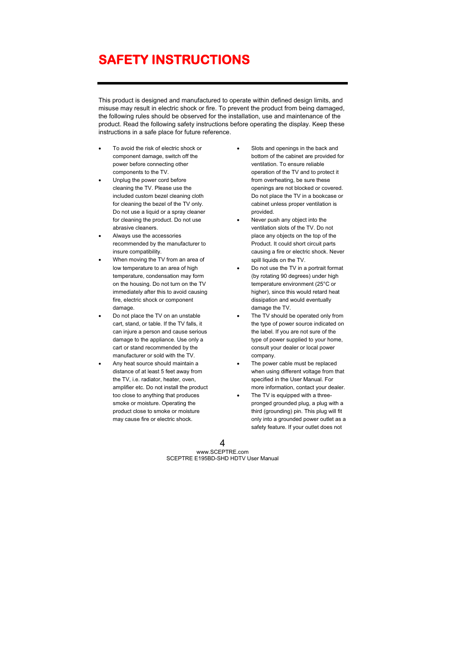 Safety instructions | Sceptre E195BD-SHD+ User Manual | Page 4 / 58