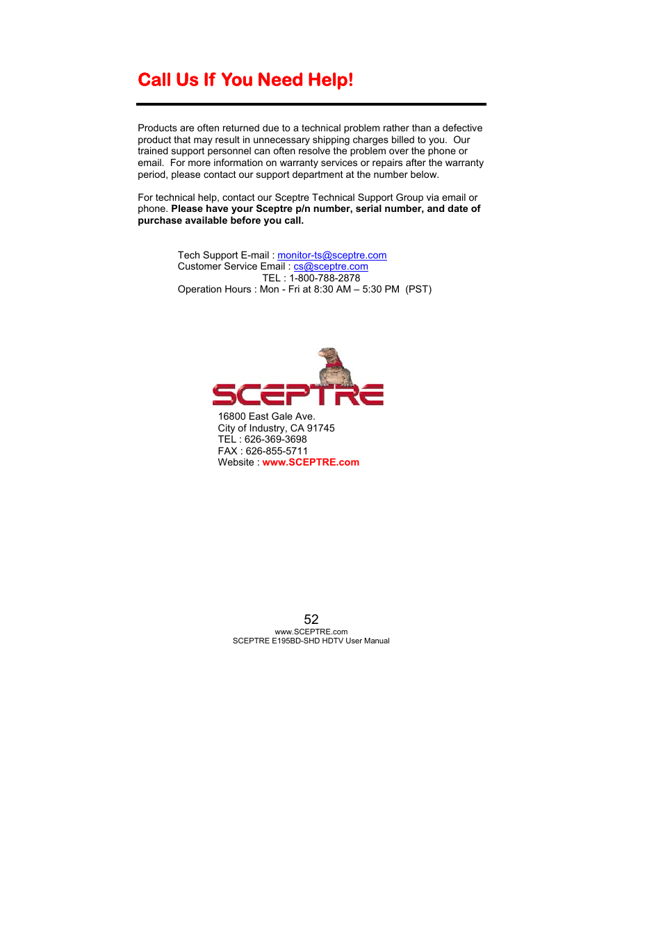 Call us if you need help | Sceptre E195BD-SHD+ User Manual | Page 52 / 58