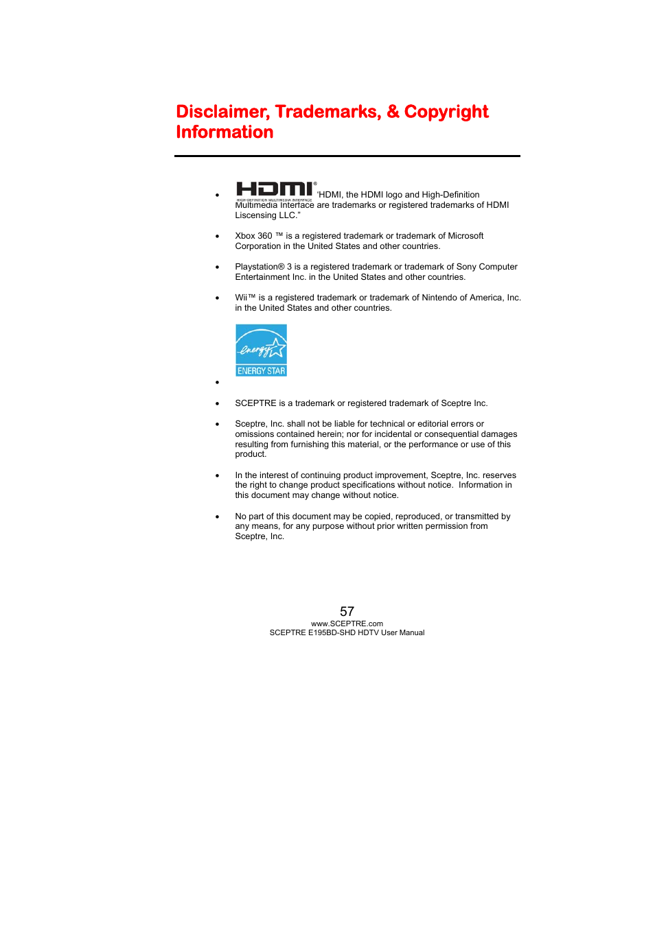 Disclaimer, trademarks, & copyright information | Sceptre E195BD-SHD+ User Manual | Page 57 / 58
