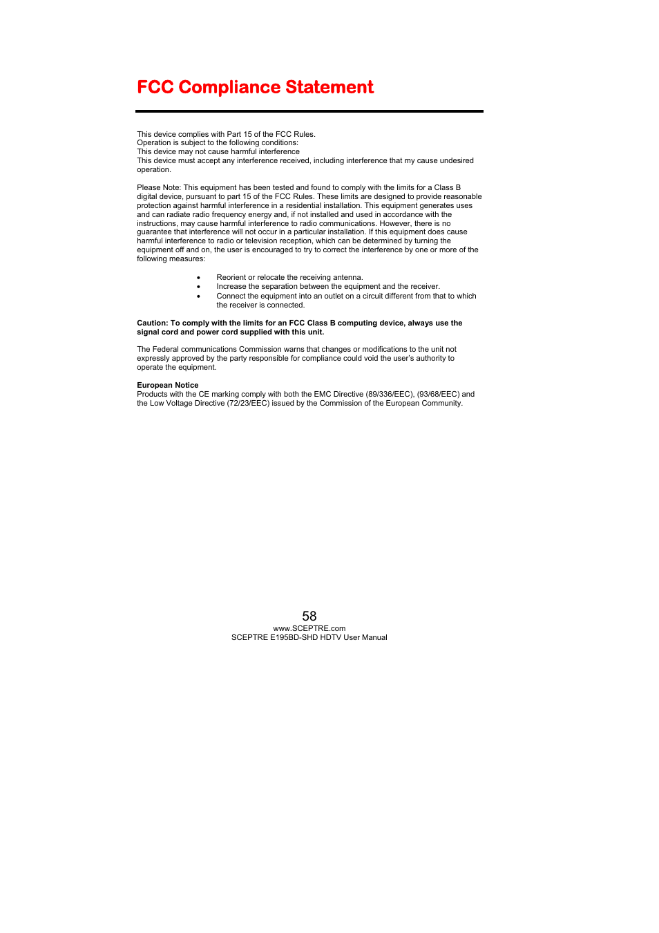 Fcc compliance statement | Sceptre E195BD-SHD+ User Manual | Page 58 / 58