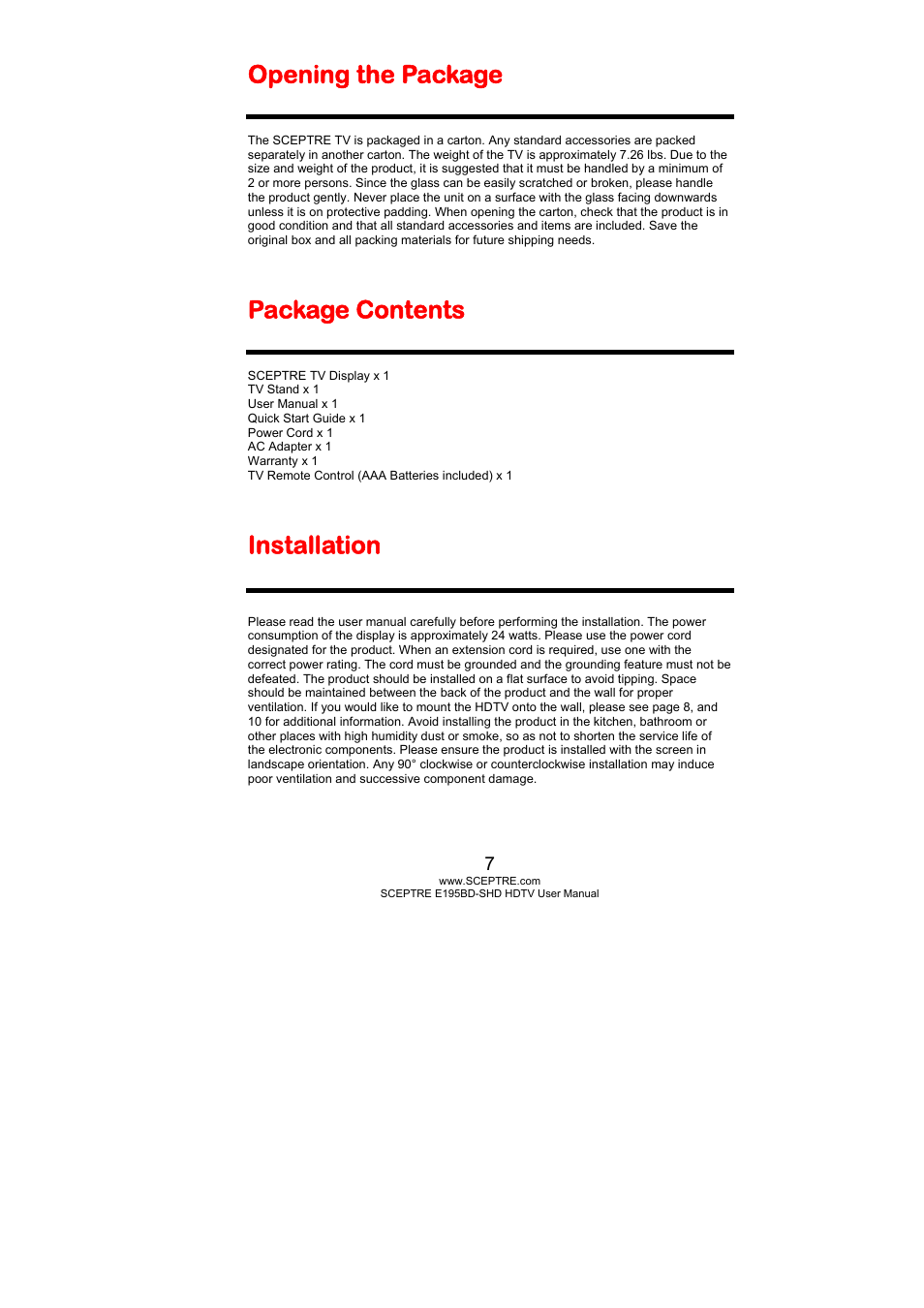 Opening the package, Package contents, Installation | Sceptre E195BD-SHD+ User Manual | Page 7 / 58