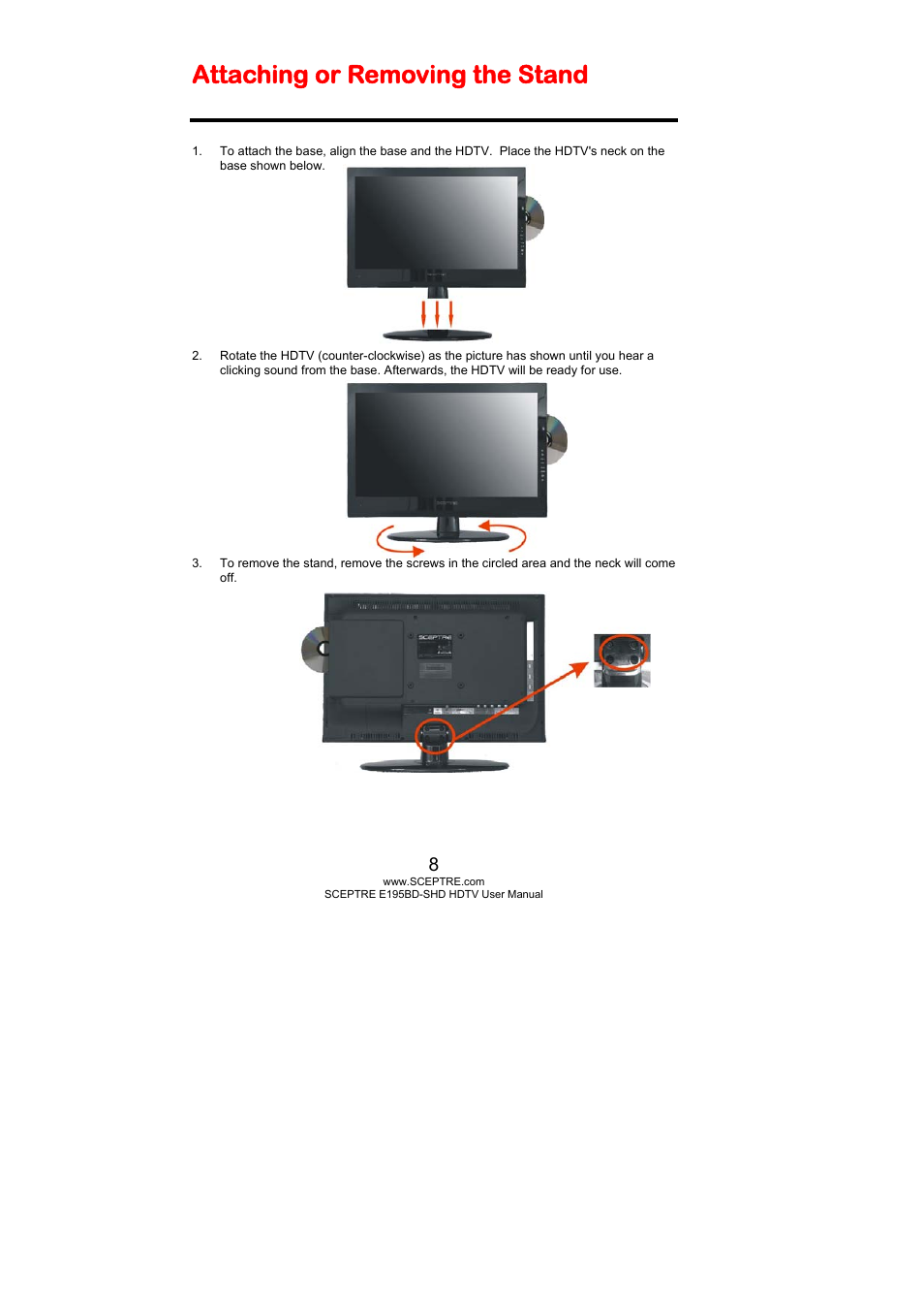 Attaching or removing the stand | Sceptre E195BD-SHD+ User Manual | Page 8 / 58