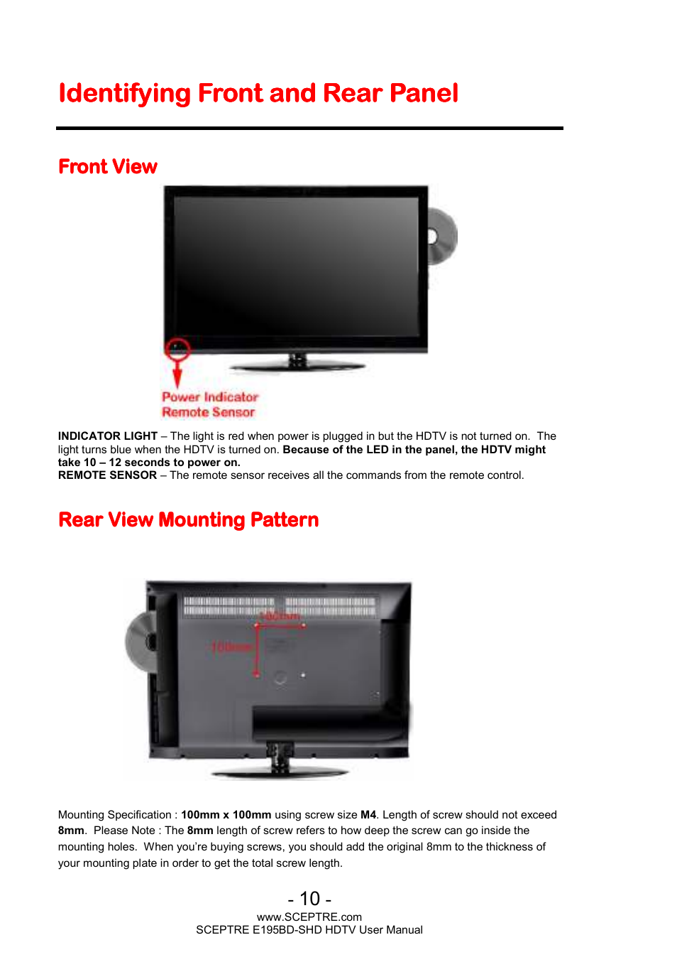 Identifying front and rear panel, Front view, Rear view mounting pattern | Sceptre E195BD-SHD+ User Manual | Page 10 / 45
