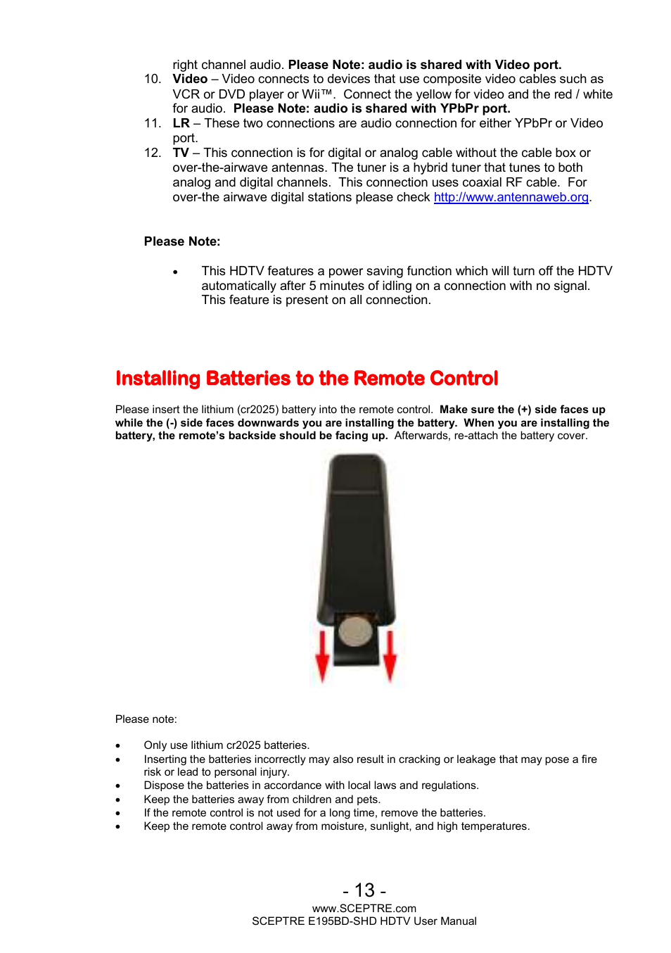 Installing batteries to the remote control | Sceptre E195BD-SHD+ User Manual | Page 13 / 45
