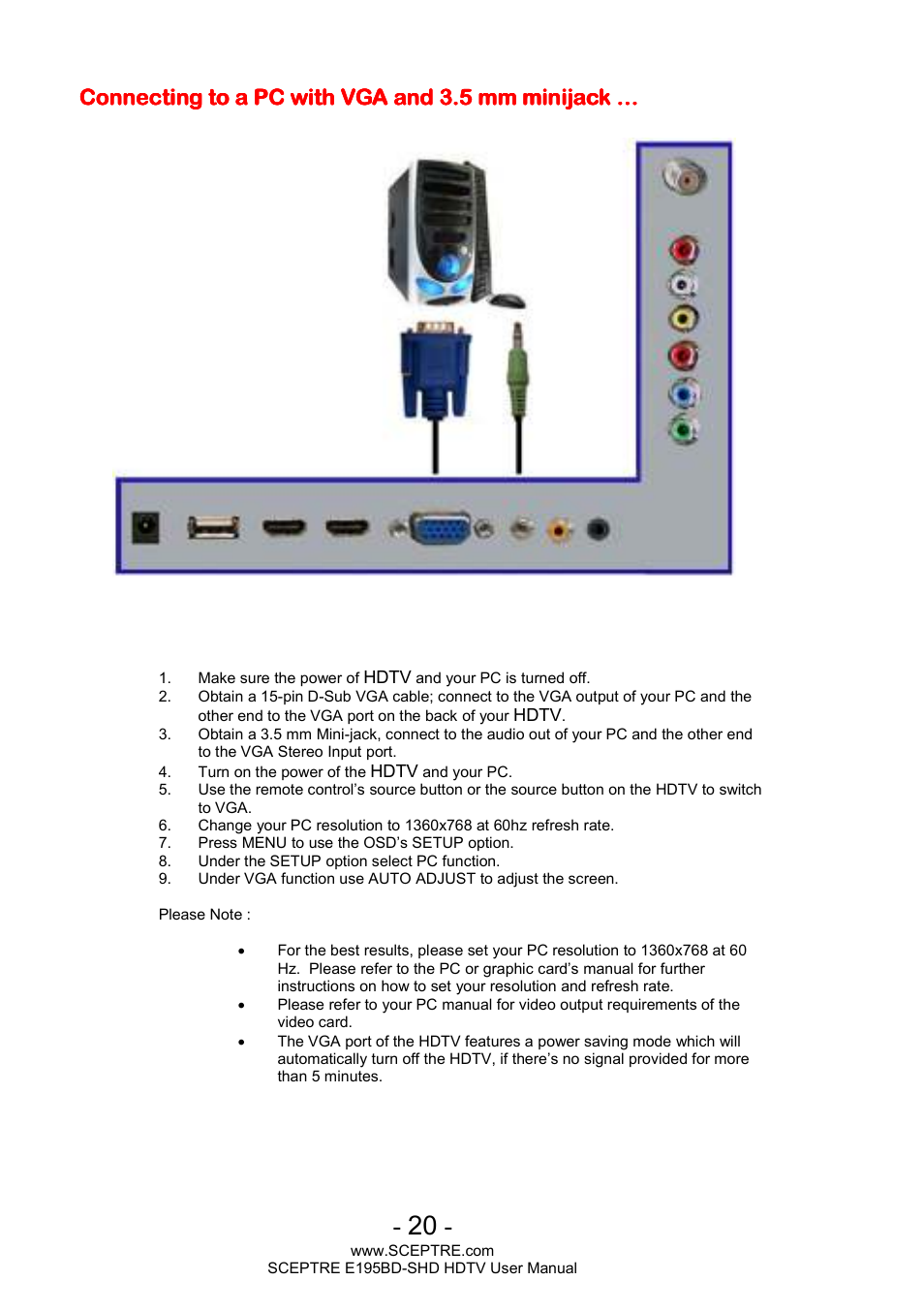 Connecting to a pc with vga and 3.5 mm minijack | Sceptre E195BD-SHD+ User Manual | Page 20 / 45