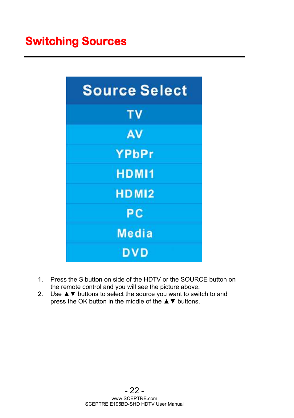 Switching sources | Sceptre E195BD-SHD+ User Manual | Page 22 / 45