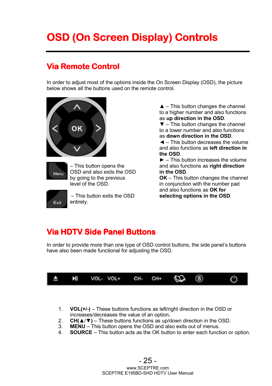 Osd (on screen display) controls, Via remote co, Via remote co via remote control ntrol ntrol ntrol | Sceptre E195BD-SHD+ User Manual | Page 25 / 45
