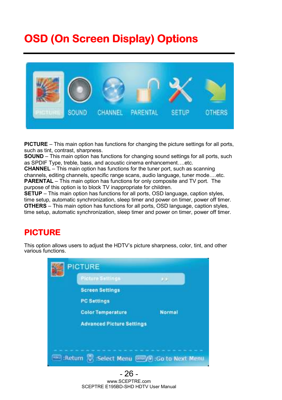 Osd (on screen display) options, Picture | Sceptre E195BD-SHD+ User Manual | Page 26 / 45