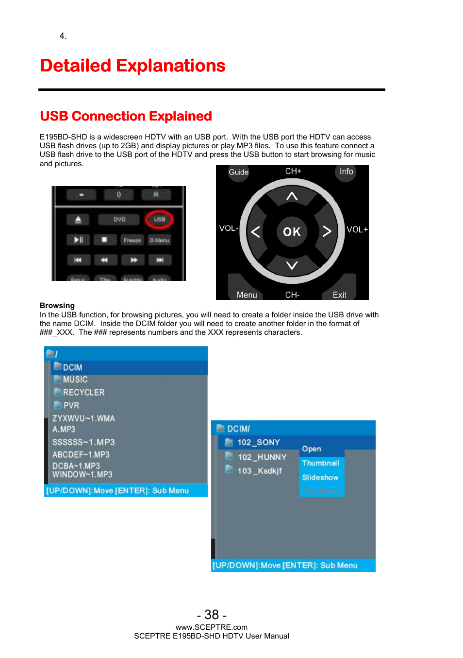 Detailed explanations, Usb connection | Sceptre E195BD-SHD+ User Manual | Page 38 / 45