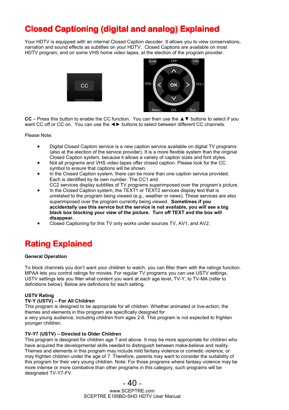 Closed captioning (digital and analog) explained, Rating explained | Sceptre E195BD-SHD+ User Manual | Page 40 / 45