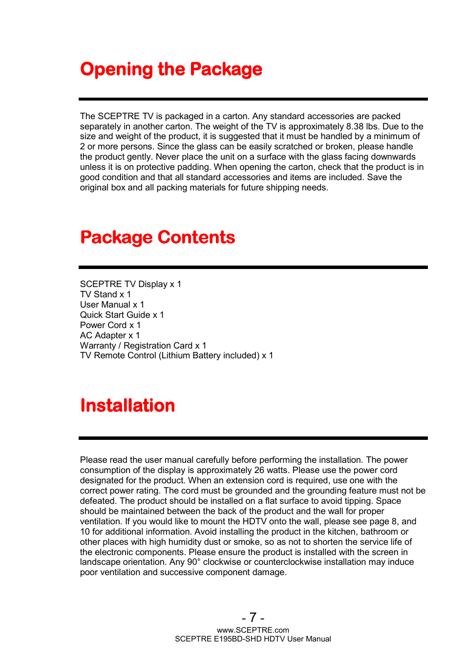 Opening the package, Package contents, Install | Install installation ation ation ation | Sceptre E195BD-SHD+ User Manual | Page 7 / 45