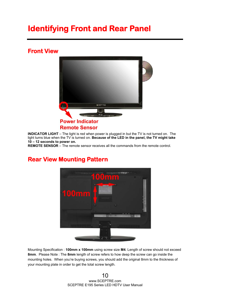 Identifying front and rear panel, Front view, Rear view mounting pattern | Sceptre E195BD-SHD+ User Manual | Page 10 / 56