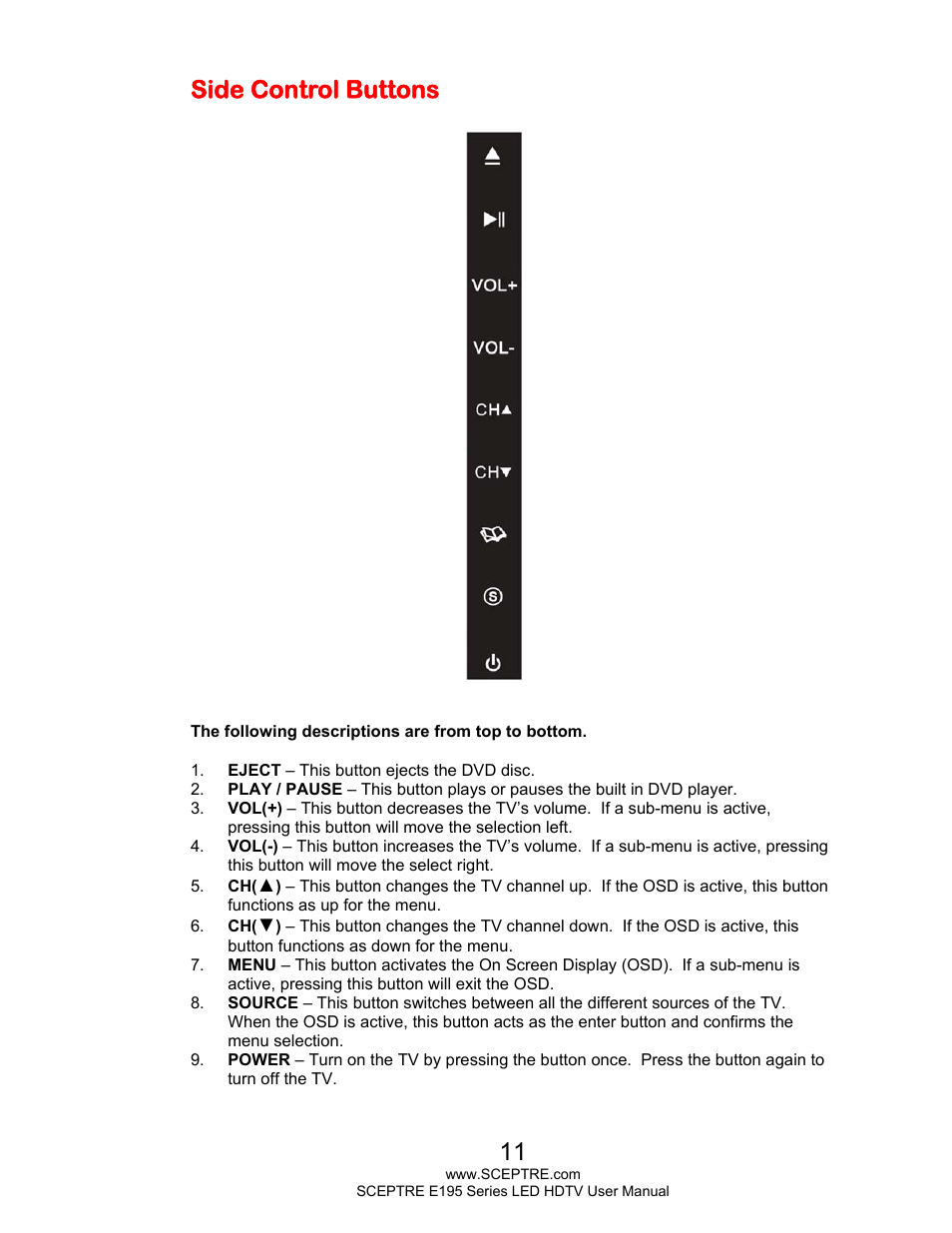 Side control buttons | Sceptre E195BD-SHD+ User Manual | Page 11 / 56