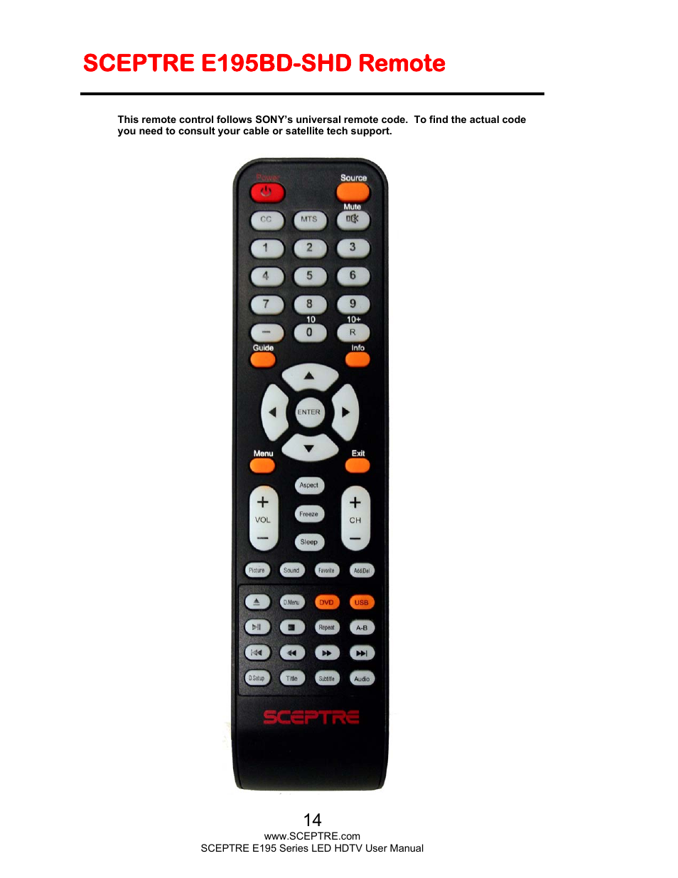 Sceptre e195bd-shd remote | Sceptre E195BD-SHD+ User Manual | Page 14 / 56