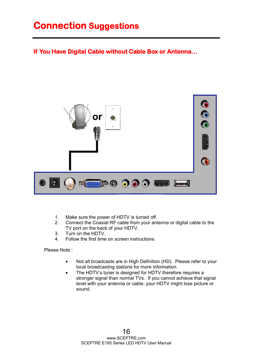 Connection, Suggestions | Sceptre E195BD-SHD+ User Manual | Page 16 / 56