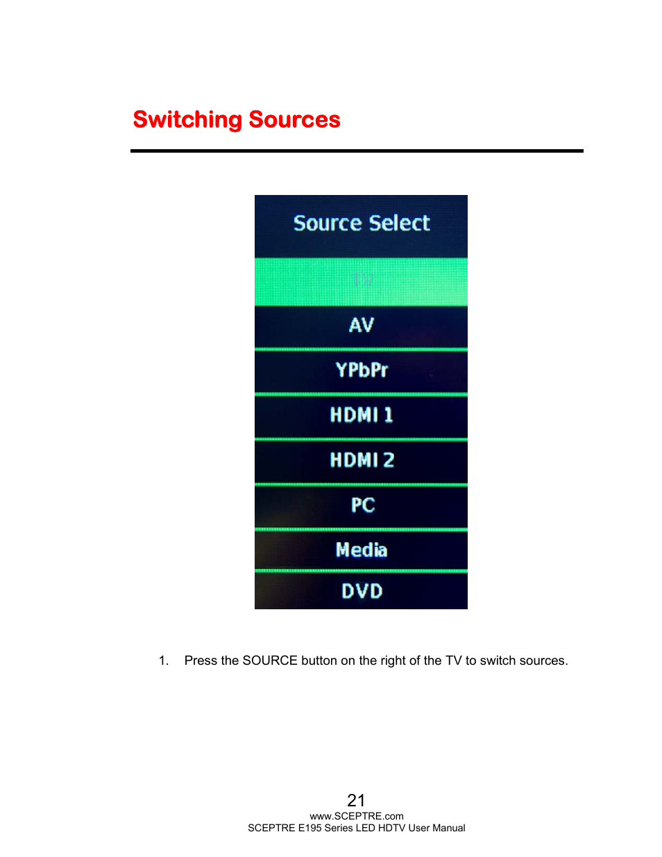 Switching sources | Sceptre E195BD-SHD+ User Manual | Page 21 / 56