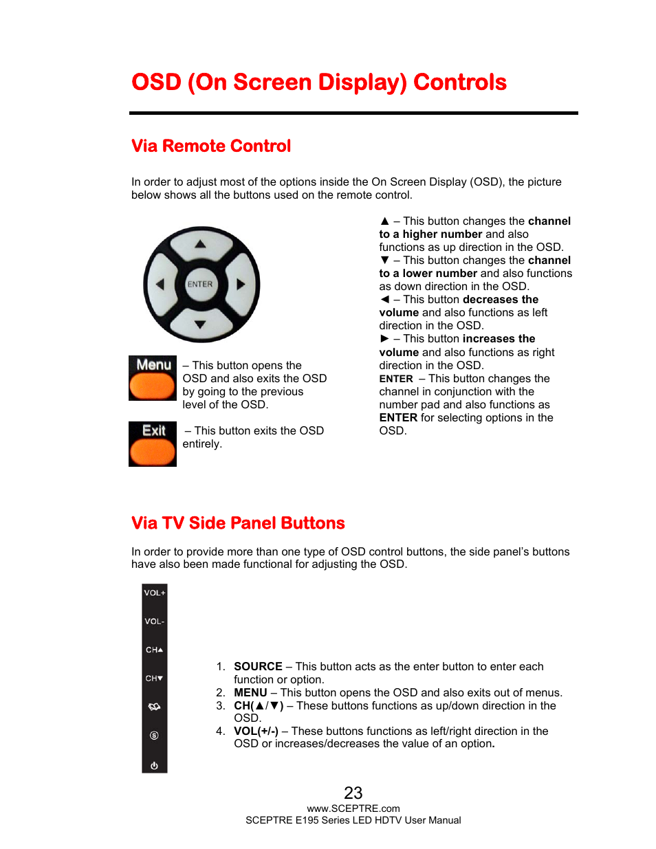 Osd (on screen display) controls, Via remote control, Via tv side panel buttons | Sceptre E195BD-SHD+ User Manual | Page 23 / 56
