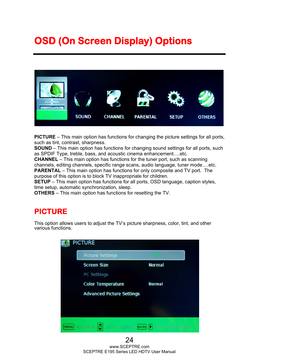 Osd (on screen display) options, Picture | Sceptre E195BD-SHD+ User Manual | Page 24 / 56