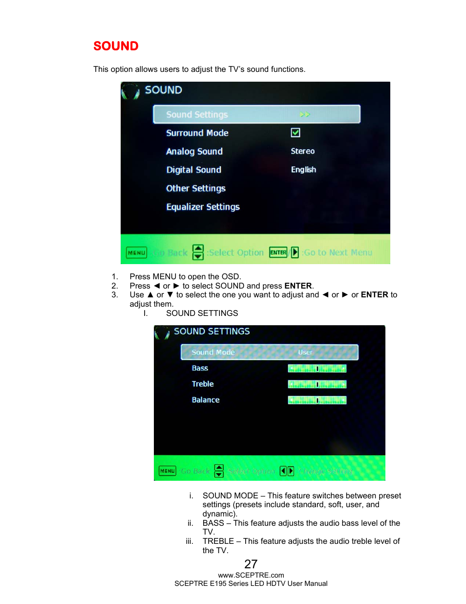 Sound | Sceptre E195BD-SHD+ User Manual | Page 27 / 56