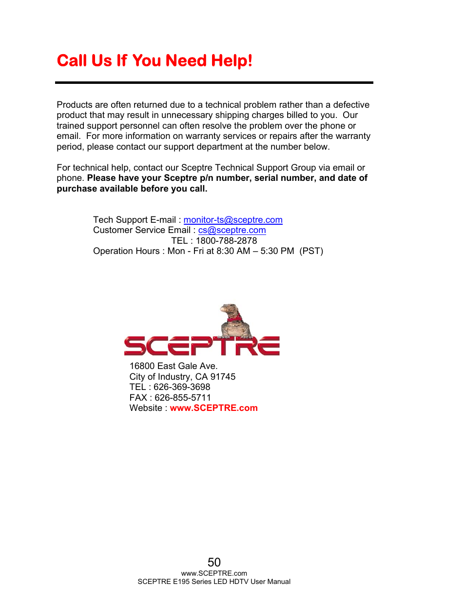 Call us if you need help | Sceptre E195BD-SHD+ User Manual | Page 50 / 56