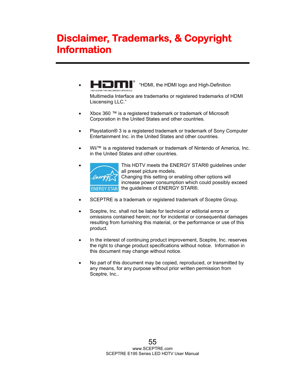 Disclaimer, trademarks, & copyright information | Sceptre E195BD-SHD+ User Manual | Page 55 / 56