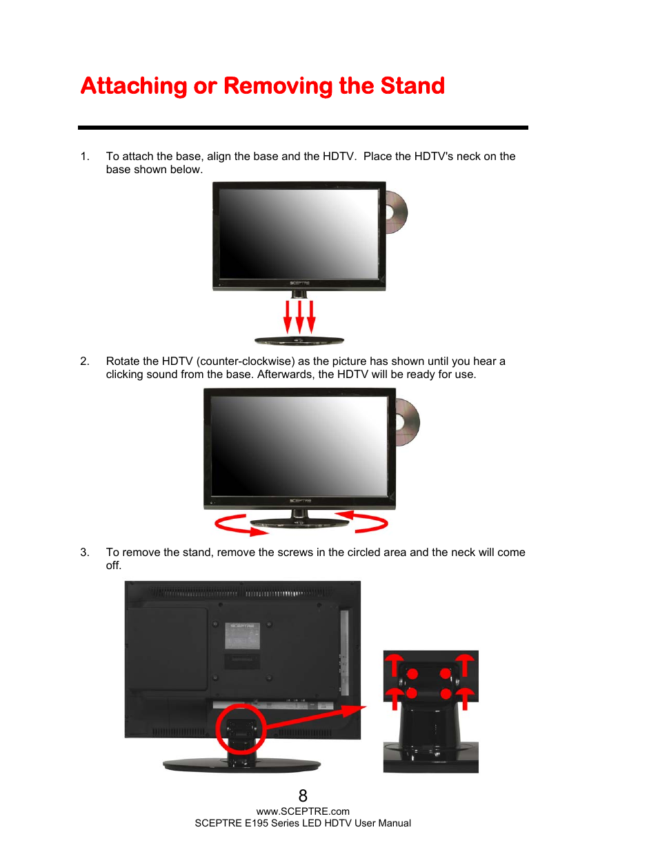 Attaching or removing the stand | Sceptre E195BD-SHD+ User Manual | Page 8 / 56