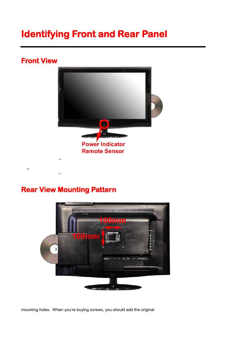 Identifying front and rear panel, Front view, Rear view mounting pattern | Sceptre E230BD-FHD User Manual | Page 10 / 61