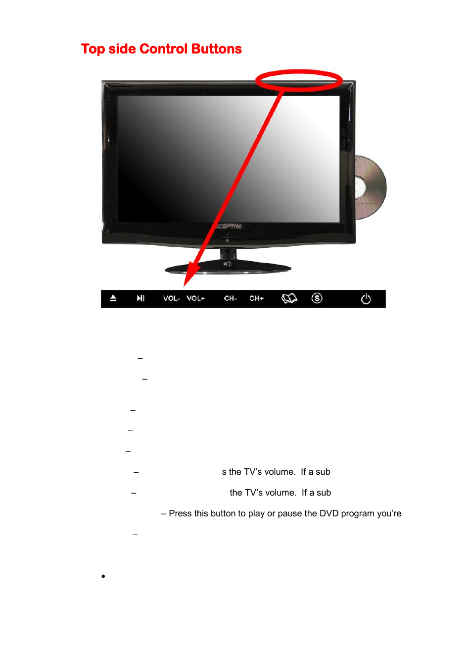 Top side control buttons | Sceptre E230BD-FHD User Manual | Page 11 / 61