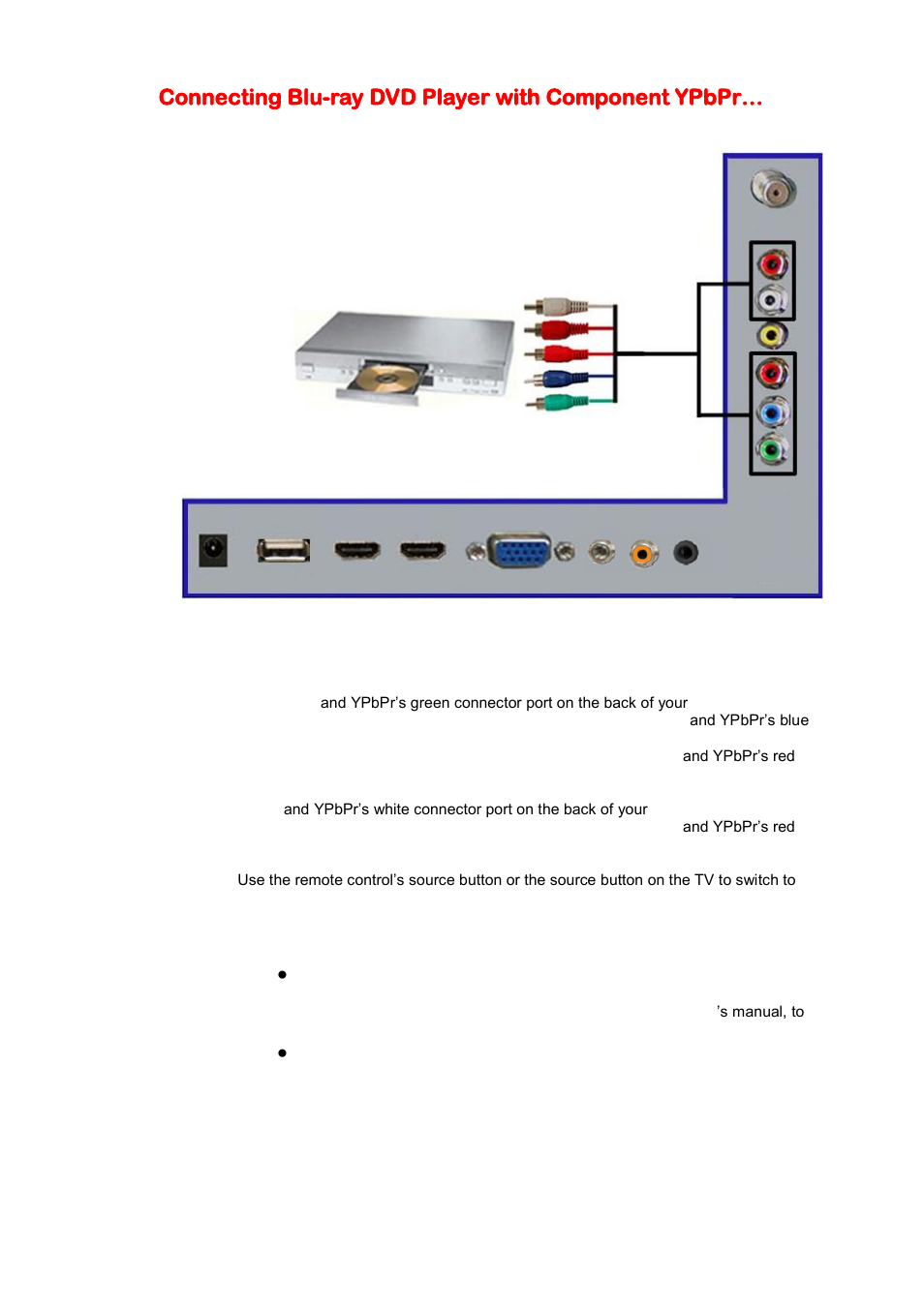 Connecting dvd player with component ypbpr, Connecting blu-ray dvd player with component ypbpr | Sceptre E230BD-FHD User Manual | Page 17 / 61