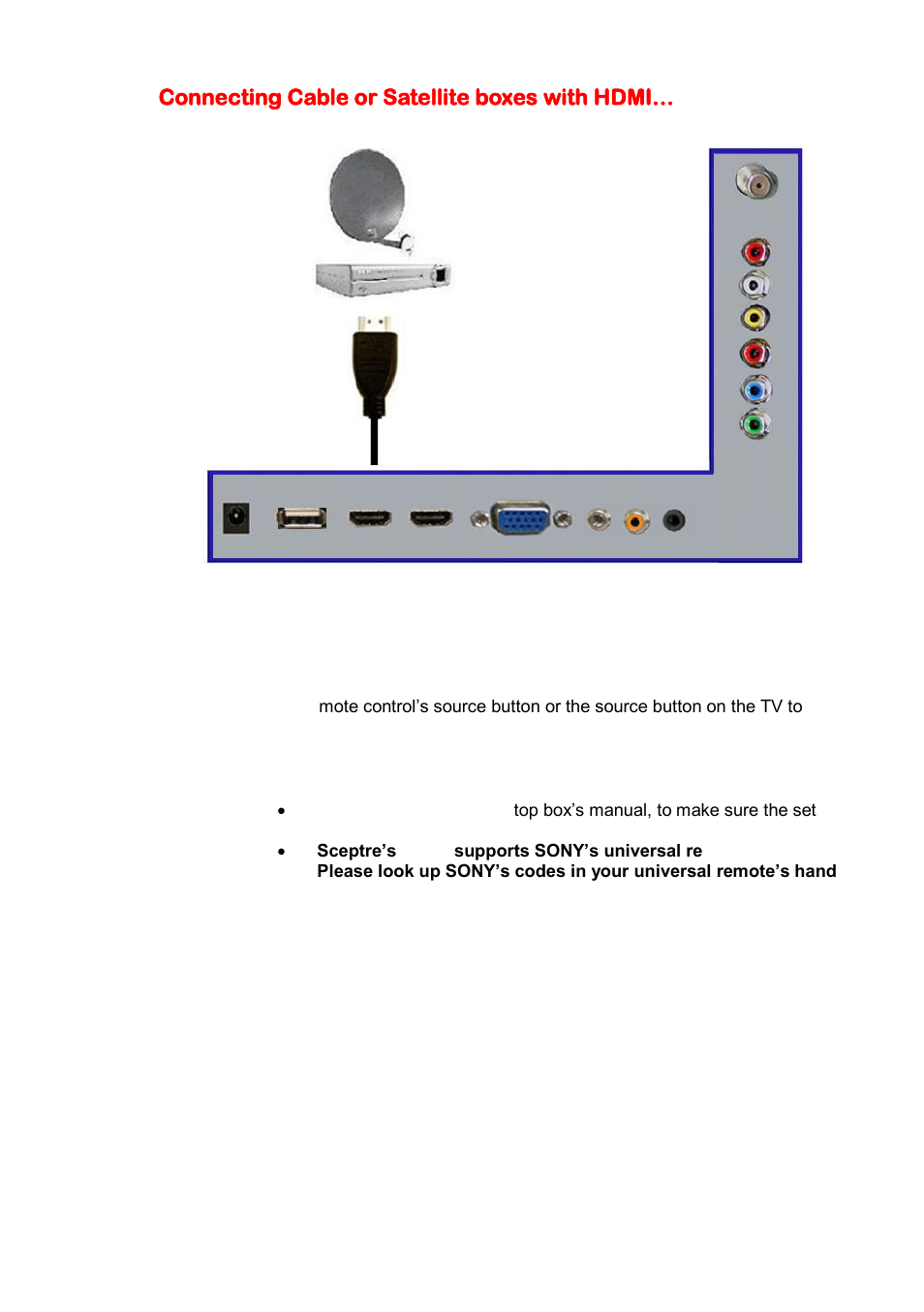 Connecting cable or satellite boxes with hdmi | Sceptre E230BD-FHD User Manual | Page 19 / 61