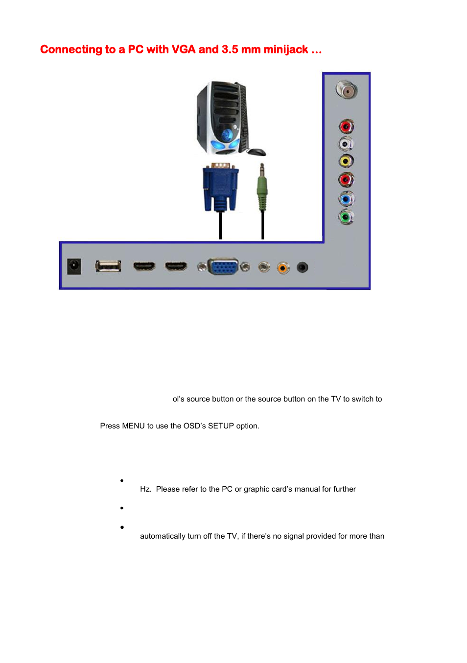 Connecting to a pc with vga and 3.5 mm minijack | Sceptre E230BD-FHD User Manual | Page 20 / 61