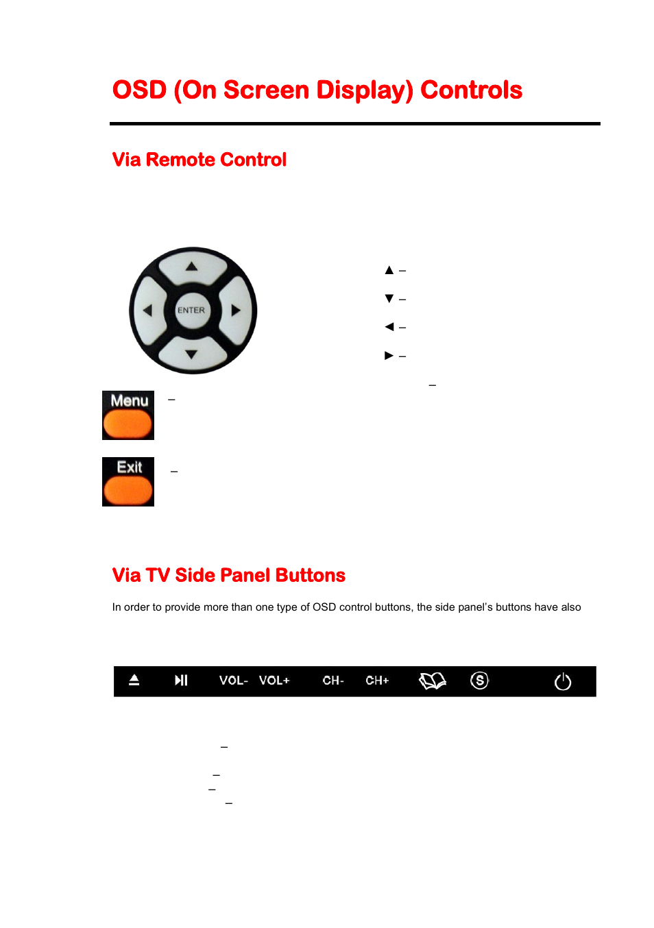 Osd (on screen display) controls, Via remote control, Via tv side panel buttons | Sceptre E230BD-FHD User Manual | Page 25 / 61